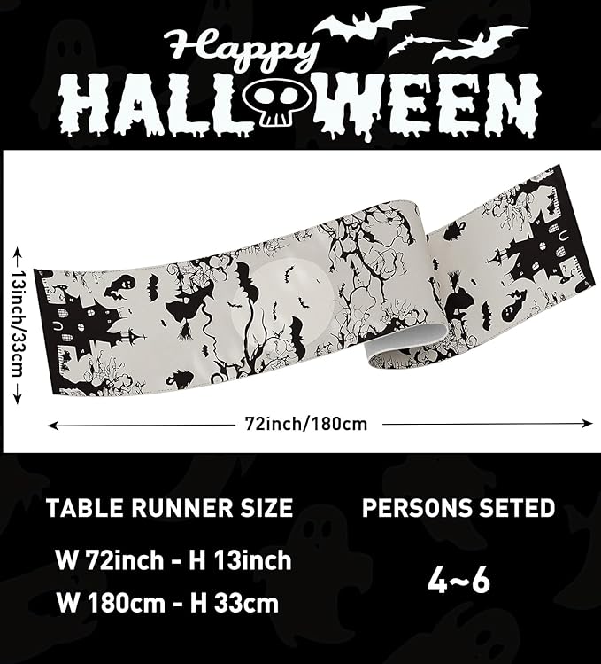 Halloween Table Runner,72 Inches Spooky Haunted House Bats Tree Ghost Witch Table Runner for Halloween, Table Decoration/Party Dinner Table Decor,Kitchen,Mantel,Bedroom Decoration