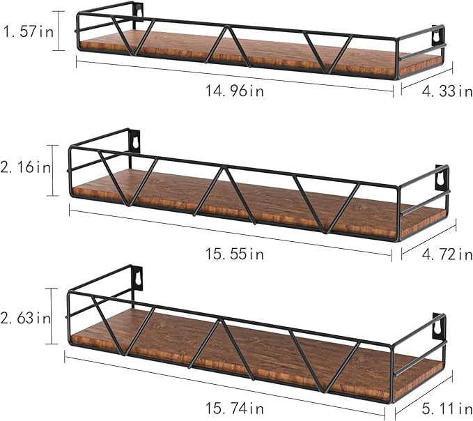 Floating Shelves Set of 3, Home Wood Wall Shelf, Farmhouse Shelf for Bedroom, Wall Mounted Floating Shelf for Living Room, Bedroom, Bathroom, Kitchen, Office (Black)