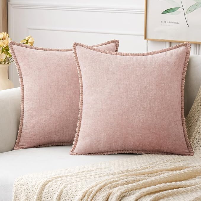 MIULEE Pack of 2 Couch Throw Pillow Covers 16x16 Inch Pink Farmhouse Valentine Decorative Pillow Covers with Stitched Edge Soft Chenille Solid Dyed Spring Pillow Covers for Sofa Bed Living Room