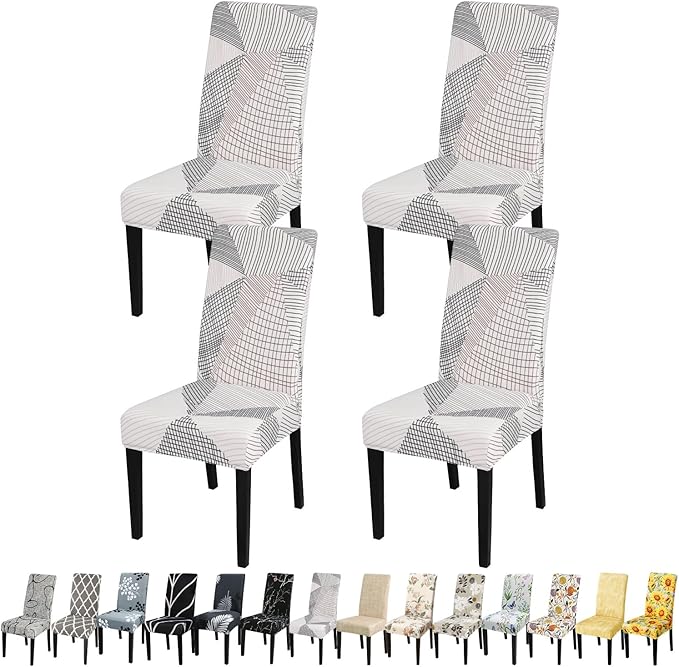 JQinHome White Chair Covers for Dining Room Set of 4, High Stretch Removable Washable Parsons Chair Slipcover for Home Party Hotel Wedding Ceremony (4PCS, Geometric)