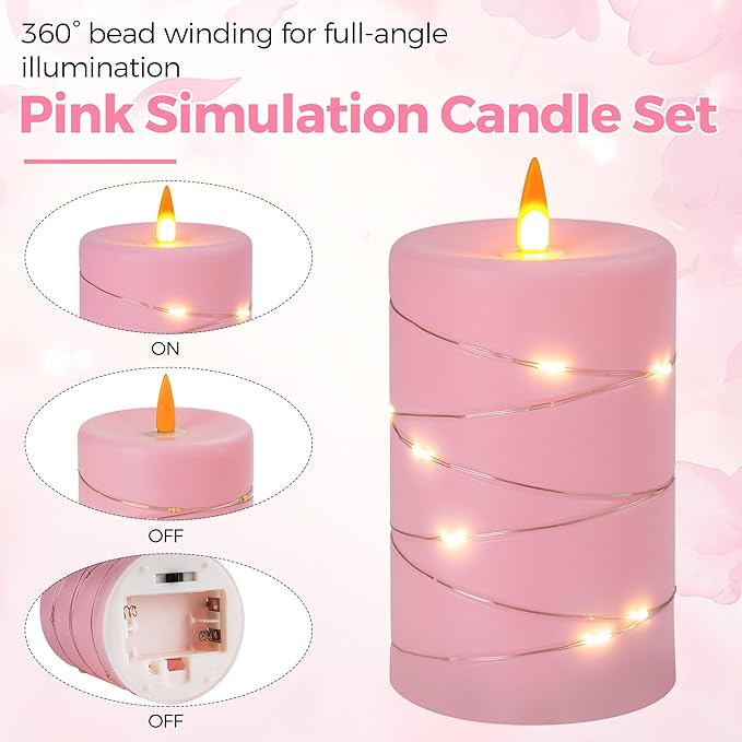 Rose Pink Flameless Candles with String Lights Battery Operated Flickering LED Pillar Candles 4‘’ 5‘’ 6‘’ Candle with Remote Control, Set of 3