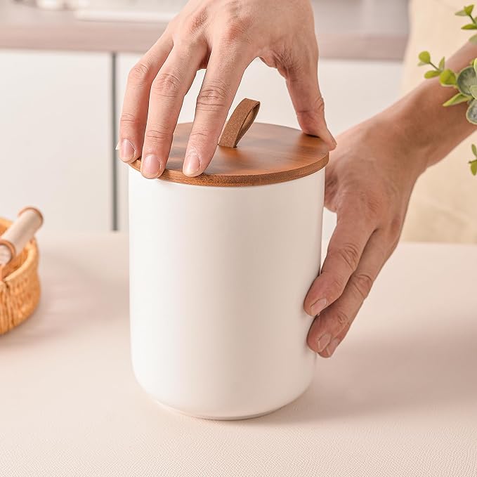 White Ceramic Canister Set with Bamboo Lids, 3-Piece Airtight Food Storage Jars for Kitchen - Flour, Sugar, Coffee, Tea, Spice - Small, Medium, Large Sizes