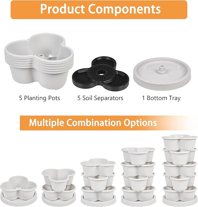 VECELO 5 Tier Vertical Garden Planter, Self Watering Stackable Planters with Wheels for Strawberries, Herbs, Flowers, Vegetables, Gray