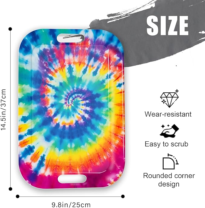 Serving Trays with Handles, 14.5 x 9.8 inch Rectangular Plastic Tray for Restaurant, Kitchen, Tie-Dye Colorful Spiral Patterns