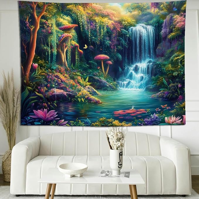 keowhsf Forest Waterfall Tapestry with Mushrooms and Flowers – Colorful Floral Plants Natural Landscape Wall Art, Fantasy Aesthetic Wall Hanging for Bedroom Decor