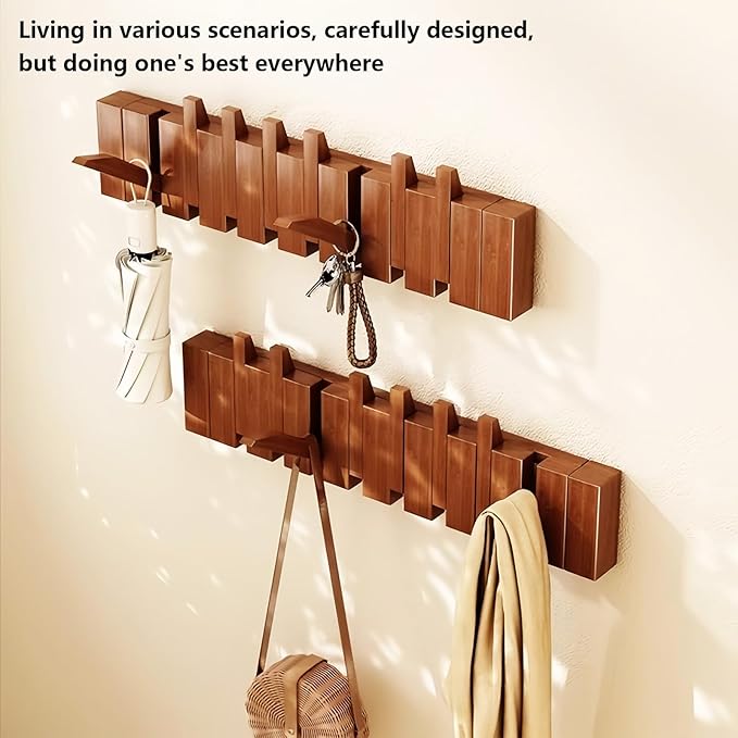 Wall Mounted Piano Key Hanger | Flip Style Hook | Entrance Wall Art Hook, Made of Oak Wood (3 Times Painted, 4 Times Polished) (Walnut, 6Hooks)