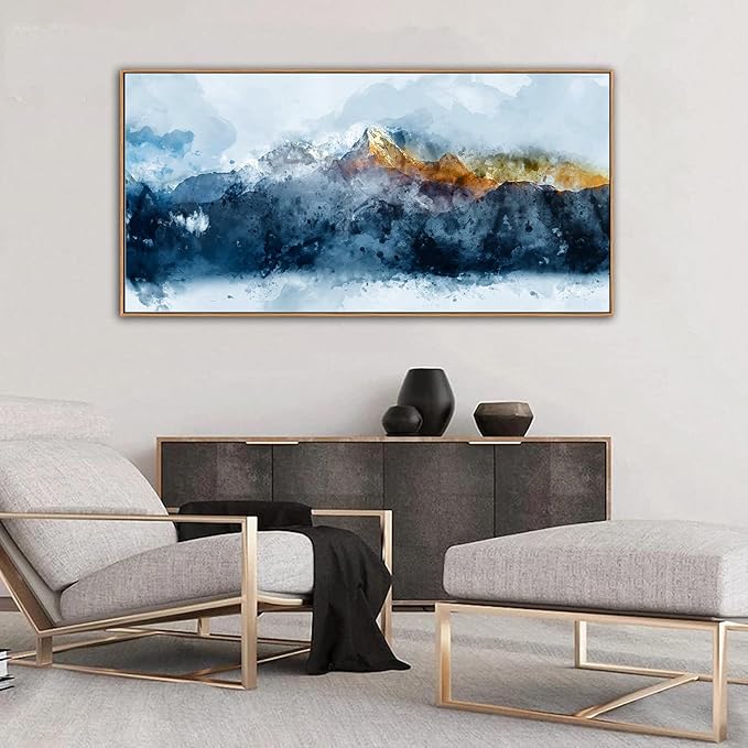 Framed Canvas Wall Art Indigo Abstract Mountain Pictures Wall Decor Blue Grey Orange Mountain Peaks Canvas Painting Prints Modern Abstract Artwork for Living Room Bedroom Decoration 29" X 58"