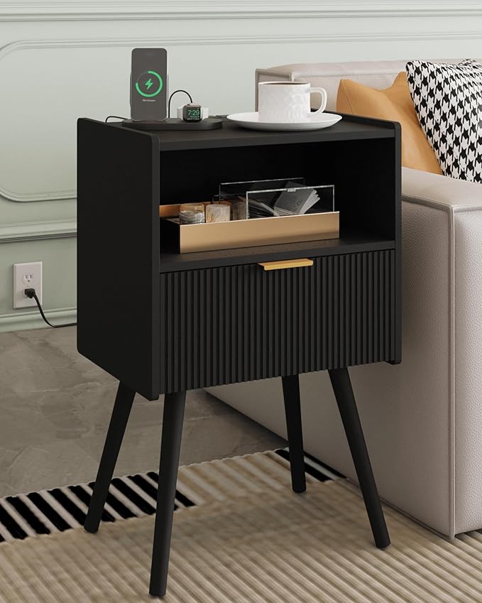 Nightstand,Modern Bedside Table with Storage Drawer and Open Wood Shelf, Accent Night Stand with Solid Wood Legs for Living Room, Bedroom and Small Spaces,Easy Assembly (Black-Outlet)