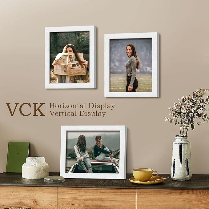 VCK 8x10 Picture Frames Set of 3, White Solid Wood Picture Frame, Textured Exclusive Wall Gallery Frame