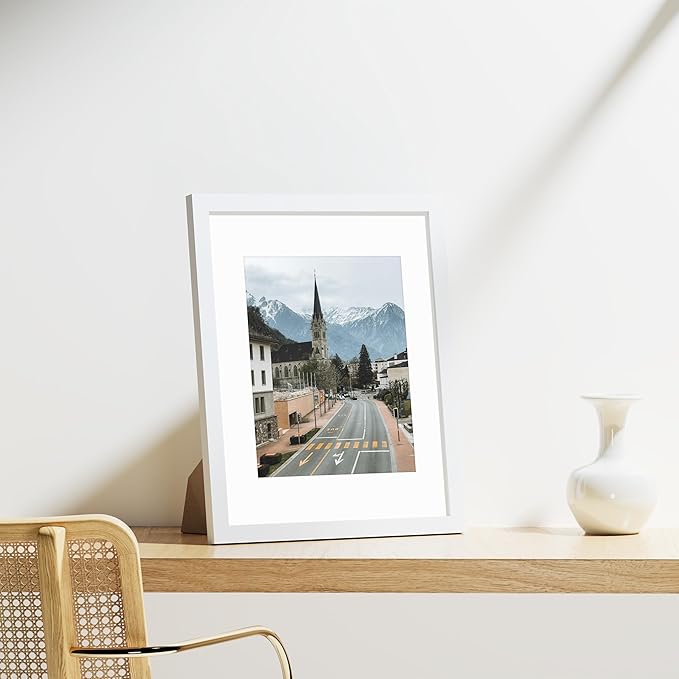 Vittanly 11x14 Picture Frames Set of 9, Shatter Resistant Plexiglass, Display 8x10 Pictures with Mat or 11x14 without Mat, Photo Frames for Wall or Tabletop, Engineered Wood, White