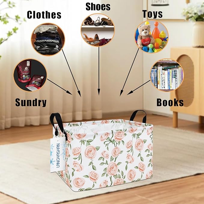 LANGYASHAN Rectangular Storage Bin Collapse Canvas Fabric Cartoon Storage Basket with Handles for Organizing Home Kitchen Boys and Girls Toys Office Closet Shelf Baskets (Rec Champagne Rose)