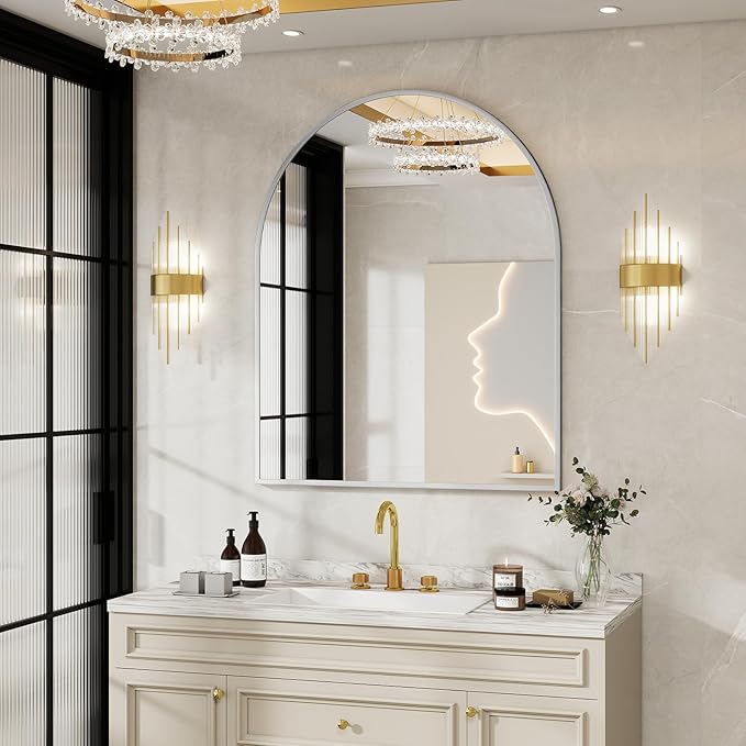 BEAUTYPEAK 32"x42" Arch Bathroom Mirror, Wall Mounted Vanity Metal Frame Mirror for Bedroom, Entryway, Living Room, Black