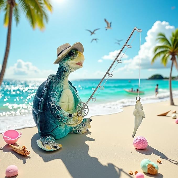 Turtle Fishing Decor, Summer Garden Statues, Nautical Coastal Beach Decorations, Home Office Decor Gifts, Bookshelf Desk Bathroom Tabletop Statue Ornament (Turtle Fishing)