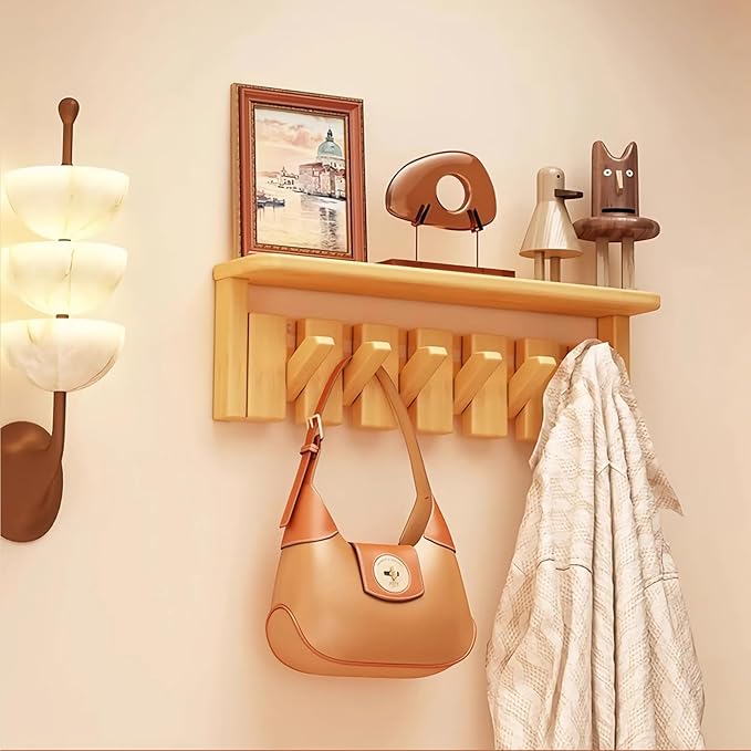Wall Mounted Piano Key Hanger | Flip Style Hook | Entrance Wall Art Hook, Made of Oak Wood (3 Times Painted, 4 Times Polished) (Tray Beech, 6Hooks)