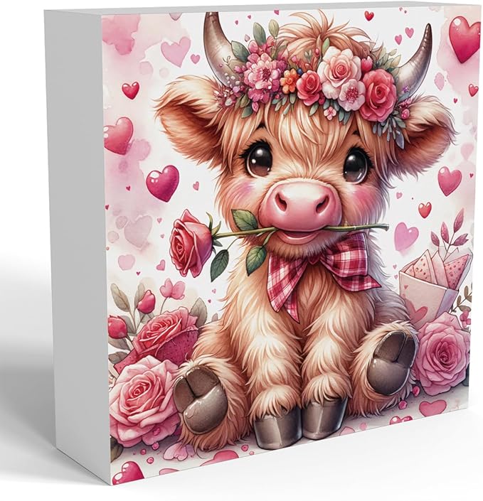 Valentines Day Decor Valentines Day Decorations Valentines Day Office Decor Valentines Day Table Decor Pink Valentines Day Decorations Highland Cow Gifts for Boyfriend Girlfriend, Wooden Decor Sign