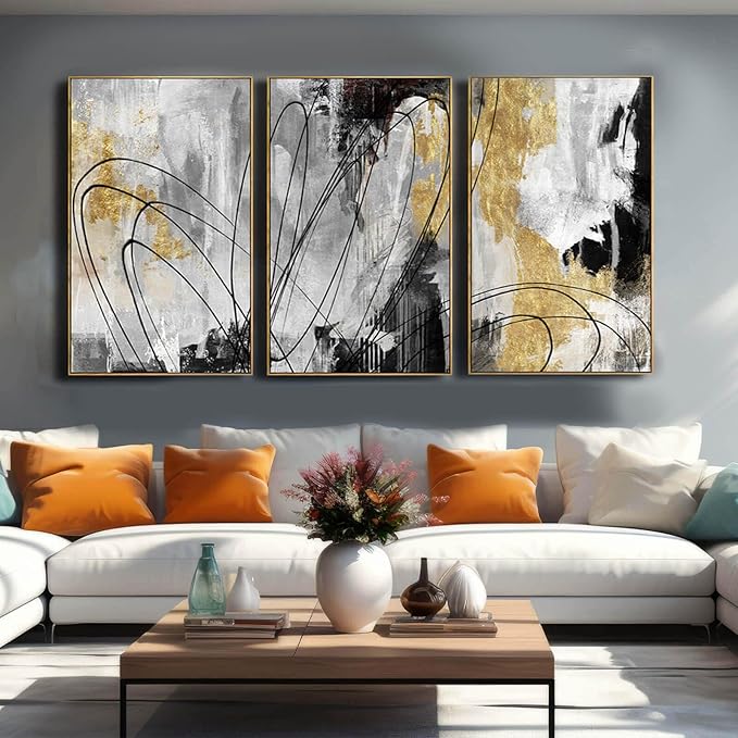 YJYart Gold Wall Art Abstract Wall Art Living Room Decor Black and White Canvas Picture Home Decor Wooden Frame Line Paintings Modern Artwork Office Decor 24"x 36"x 3 Pieces