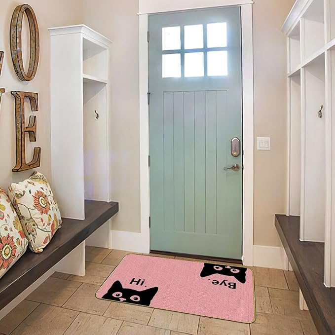 Mingnei Hi Bye Cat Welcome Doormat - Funny Black Cat Lover Floor Mat for Home Kitchen Entrance, 30x17 Pink