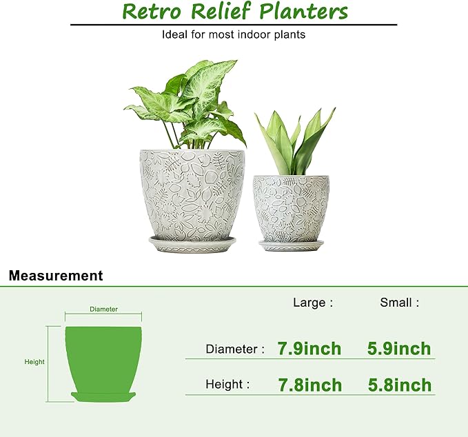 8 Inch + 6 Inch Retro Ceramic Planter Set of 2 with Drainage Hole and Saucer for Multiple Plants, Indoor-Outdoor Garden Pots for Succulent, Orchid, and Flower (Retro White)