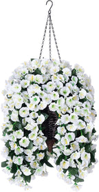Artificial Faux Hanging White Flowers Plants Basket for Outdoor Outside, Fake UV Resistant Realistic White Morning Glory Flowers for Porch Home Balcony Yard Patio Decoration