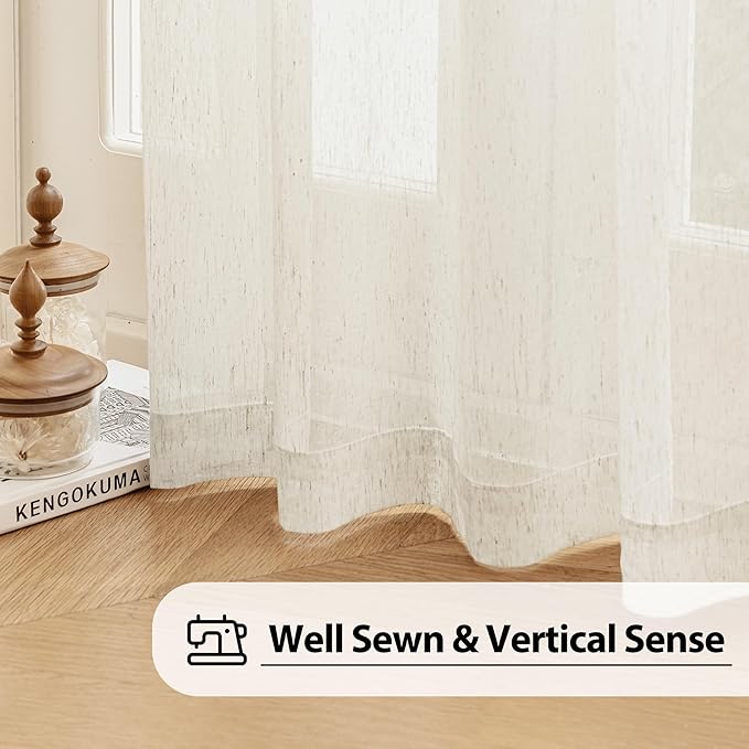 FMFUNCTEX Linen Sheer Curtains for Bedroom, Beige Curtains 63 inch Length for Living Room, Natural Flax Blend Window Draperies for Farmhouse Curtain, Rod Pocket 2 Panels