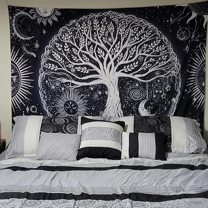FORATER Tree of Life Tapestry Wall Hanging, Sun and Moon Aesthetic Wall Tapestry Black and White Tapestries Home Decor for Living Room Bedroom(61 x 82 Inch, Black and White)