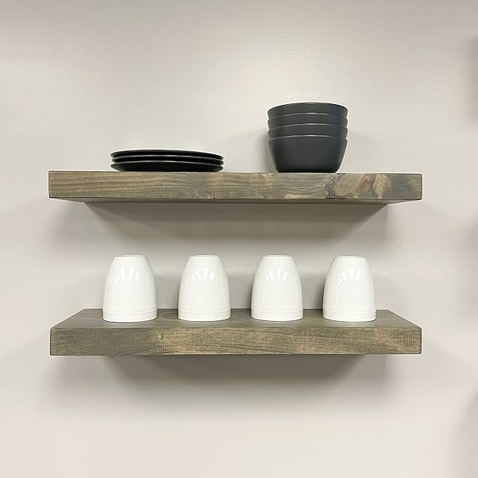 URBANDI, Rustic Floating Shelves, Set of 2, Hidden Bracket, Solid Wood, Heavy Duty, Wall Mounted Shelves, (Grey, 36Wx8D)