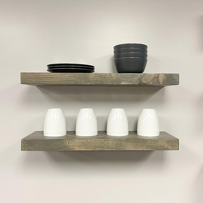URBANDI, Rustic Floating Shelves, Set of 2, Hidden Bracket, Solid Wood, Heavy Duty, Wall Mounted Shelves, (Grey, 24Wx12D)