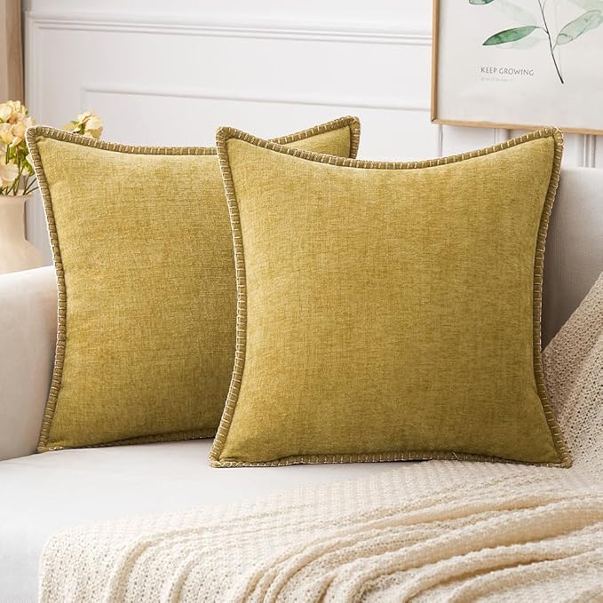 MIULEE Pack of 2 Couch Throw Pillow Covers 18x18 Inch Mustard Yellow Farmhouse Decorative Pillow Covers with Stitched Edge Soft Chenille Solid Dyed Fall Pillow Covers for Sofa Bed Living Room