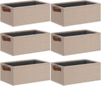 GhvyenntteS Small Fabric Storage Bins 6 Pack, 11.8" x 7.87" x 5.11" Storage Basket with Leather Handles, Closet Storage Bins for Shelves, Storage Baskets for Shelves, DVD Storage (Beige Yellow)