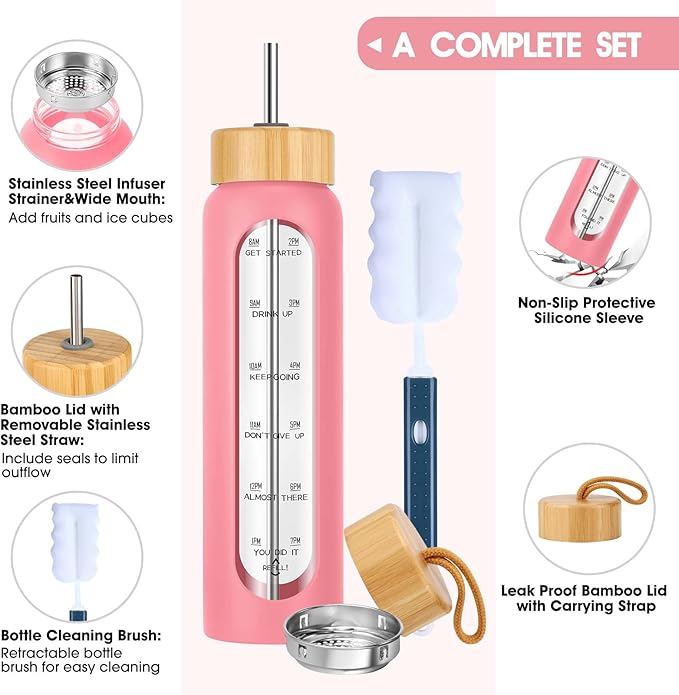 32 oz Glass Water Bottle with Straw - Motivational Time Marker & Silicone Sleeve - Reusable Tumbler Includes 2 Bamboo Lids & Fruit Infuser - 1 Pack