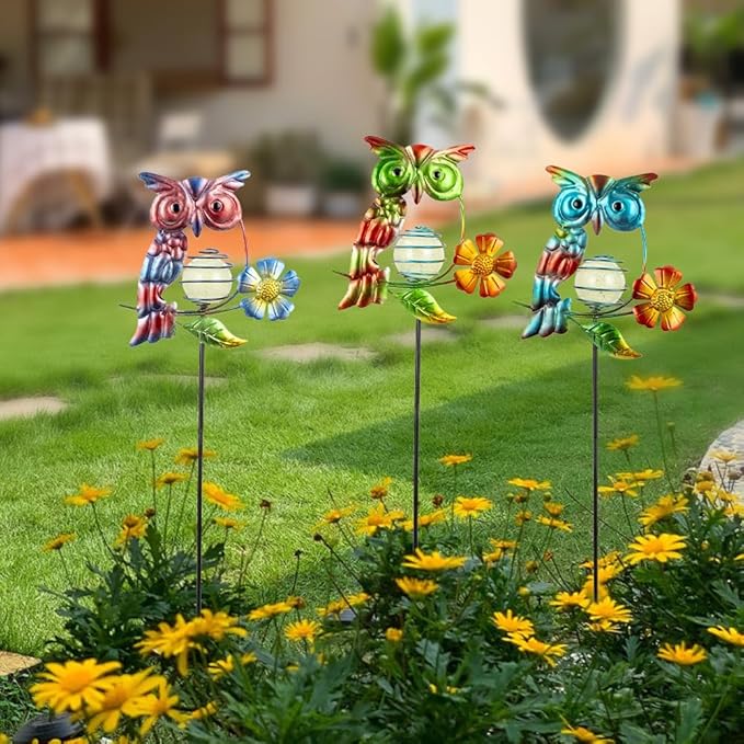 Set of 3 Owl Decorative Garden Stakes,Glow in The Dark Metal Yard Art,Waterproof Stakes Decorative for Outside,Metal Garden Decor for Mom,Women,Yard Lover