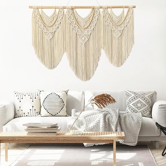 large macrame wall hanging - Boho Tapestry Macrame Wall Decor Art- Chic Bohemian Handmade Woven Tapestry Home Decoration for Bedroom Living Room Apartment Wedding Party - 43"x32" (Beige-Wood Bead)