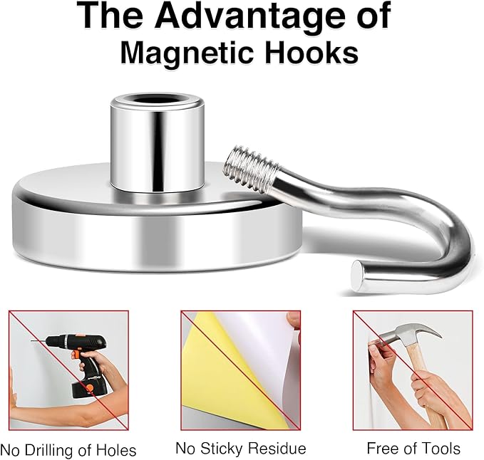 MIKEDE Magnetic Hooks, 80LB+ Heavy Duty Magnetic Hooks Cruise with Epoxy Coating for Refrigerator, Strong Magnet Hooks for Tool Room, Magnetic Metal Hooks for Grill - 8 Pack