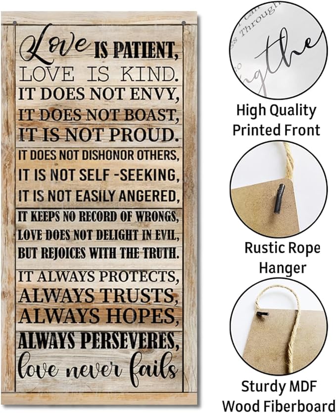 1 Corinthians 13:4-8 Inspirational Hanging Wood Decor Sign, Printed Wood Sign, Love is Patient, Love is Kind Quote, Hanging Bible Verses Woods Wall Signs, Rustic Home Decor Signs, Christian Gift E1