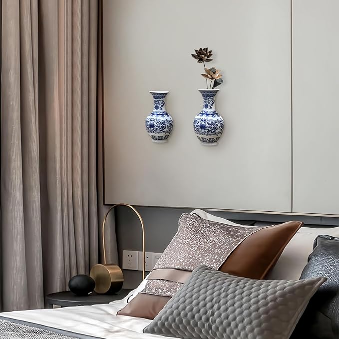 Set of Two Blue and White Porcelain Wall Vases for Flowers – Handmade Chinoiserie Ceramic Wall Mounted Flower Vase, Decorative Hanging Vases for Living Room, Bookshelf & Indoor Décor