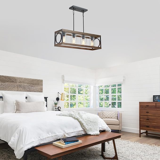 XINGQI Rectangle Chandeliers 31.5" Farmhouse Kitchen Island Lighting Fixture Over Table Modern Vintage Linear Hanging 4-Light for Dining Room Living Room Black Wood Grain Finish with Glass Lampshade