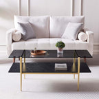 Rectangle Coffee Table for Living Room, Mid-Century Modern Design, L41 x W21 x H17, 2-Tier Structure, Clear Glass Top and Black Marble Wood Shelf, Conical Metal Legs with Gold Finish