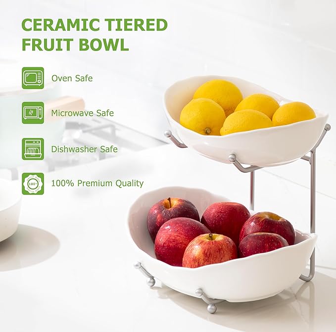 HBlife Fruit Bowl for Kitchen Counter - 2 Tier Ceramic Fruit Bowl with Metal Stand, Tiered Fruit Basket for Kitchen Counter, Serving Platters Serving Trays for Party