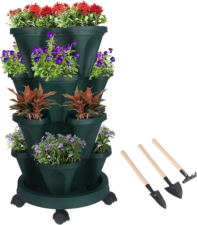 Vertical Planter 4 Tier Stackable Planters Garden Planters Strawberry Herb Flower and Vegetable Planter Indoor Outdoor Gardening Pots with Removable Wheels and Tools