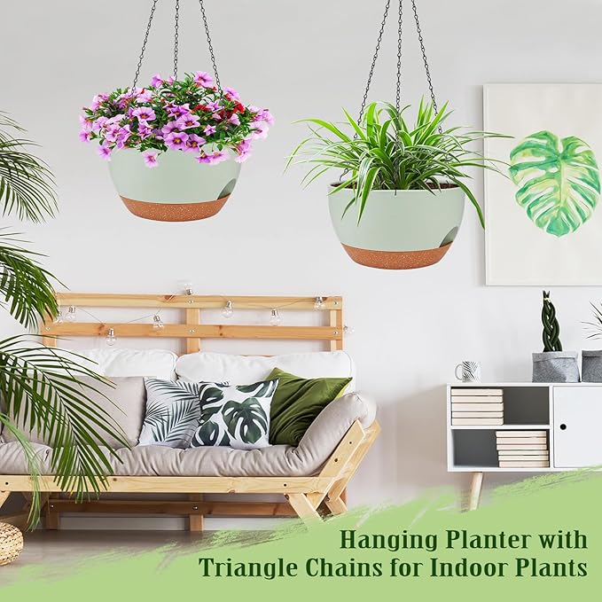 Hanging Planters for Outdoor Indoor Plants, 2 Pack 12 Inch Hanging Basket Plants Outdoor, Self Watering Hanging Planter with Plant Hanger for Garden Home Decoration (Green)