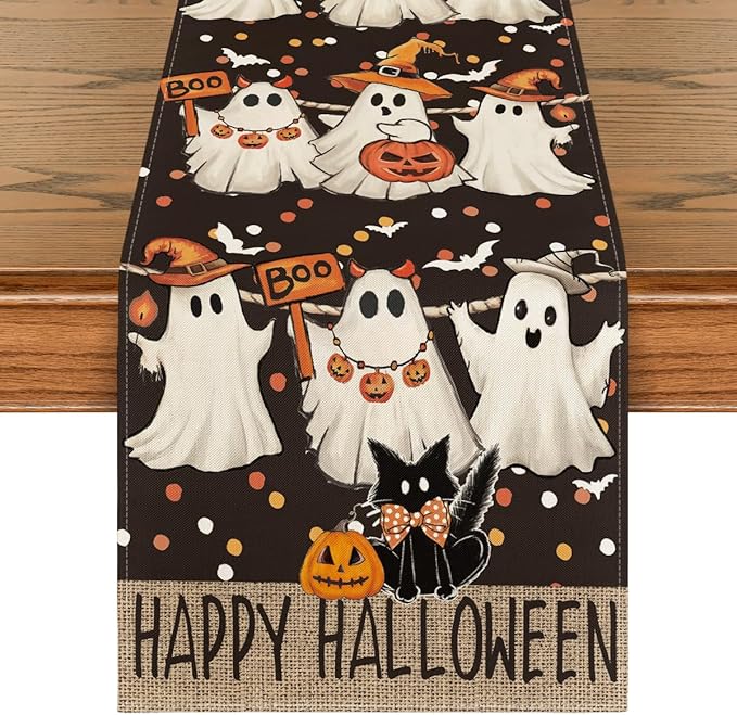 Artoid Mode Ghost Jack-O'-Lantern Black Cat Halloween Table Runner,Holiday Kitchen Dining Table Decoration for Home Party Decor 13 x 60 Inch