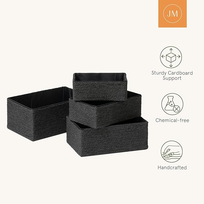 LA JOLIE MUSE Storage Baskets Set 4 - Sturdy Woven Paper Rope Decorative, Stackable Wicker Baskets for Makeup Closet Bathroom Bedroom (Ebony Black)