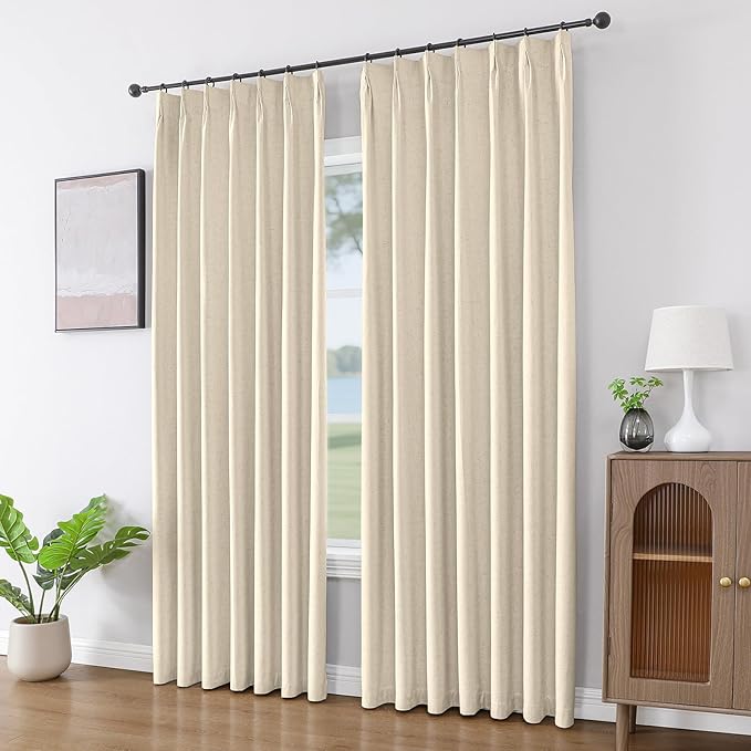 Joydeco Pinch Pleated Linen Curtains Darkening Drapes for Bedroom, 100% Blackout Drapes 96 inches Long 2 Panels Heat Blocking Curtains(Bleached Sand,40'' Wx96'' L)