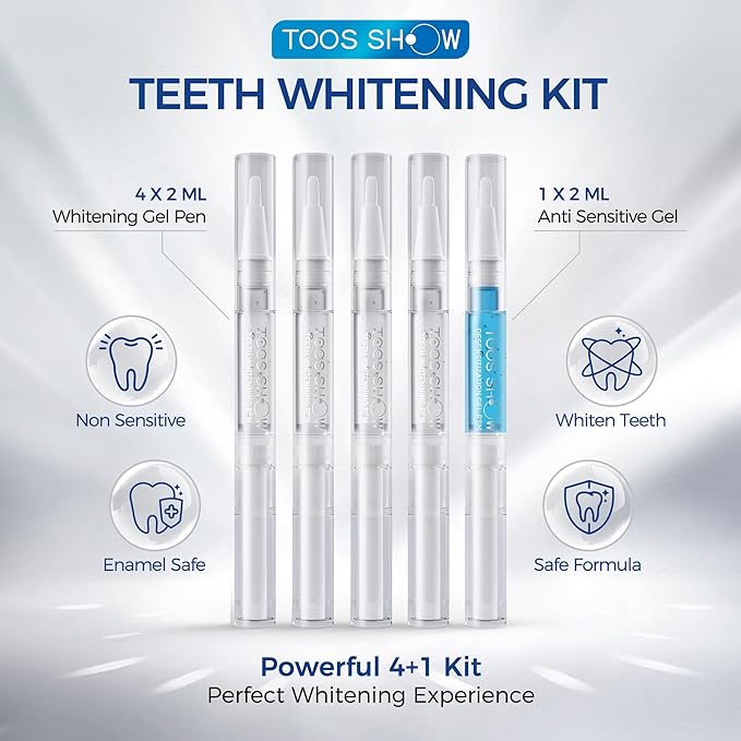 Teeth Whitening Kit for Sensitive Teeth,with 4 Carbamide Peroxide Pen & 1 Remineralization Pen,LED Accelerator Light Non,Tooth Whitener Professional Oral Care Gently Yet Effectively Removes Stains