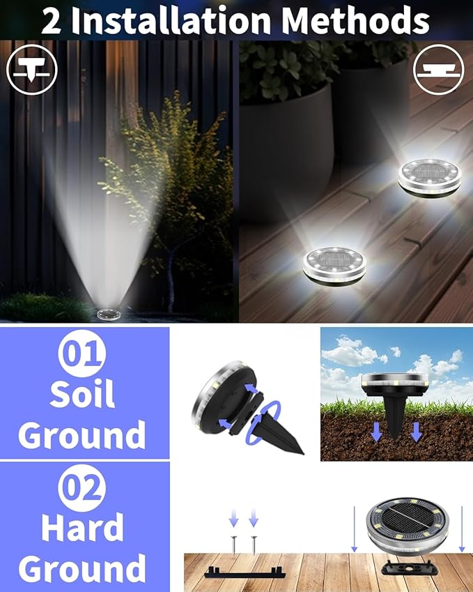 Solar Ground Lights Outdoor 12 Pack Waterproof Upgraded Flat Solar Garden Lights with 4 Side Light Stainless Steel Solar Powered Disc Light for Walkway Pathway Landscape Lawn Yard - Cool White