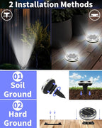 Solar Ground Lights Outdoor 2 Pack Waterproof, Upgraded Solar Garden Lights with 4 Side Light, Stainless Steel Solar Powered Disc Landscape Light for Walkway Pathway Lawn Yard Patio Deck-Cool White