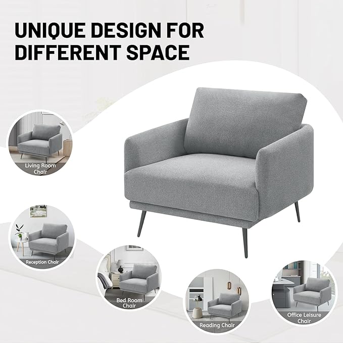 Oversized Accent Chair Set of 2 for Living Room Chairs Reading Arm Chair Comfy Modern Single Sofa Side Chairs with Metal Legs & Soft Cushion for Bedroom, Balcony,Waiting Room (Polyester, Grey)
