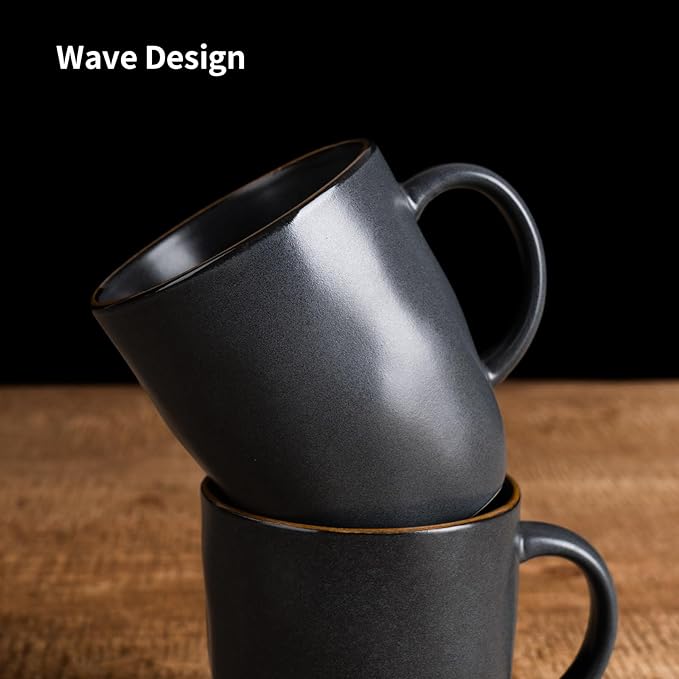 famiware Coffee Mugs Set of 4, Ocean Square 13oz Coffee Cup Set with Handle for Cocoa, Milk, Hot Chocolate, Tea, Water, Stoneware Cups for Kitchen, Microwave and Dishwasher Safe, Matte Black