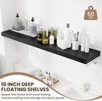 Fun Memories 55 Inch Fireplace Mentel Shelf, 10 Inch Deep Shelves for Display & Wall Storage, Rustic Wood Wall Shelf, Extra Long Floating Shelves for Living Room Laundry Room, Black, Set of 1