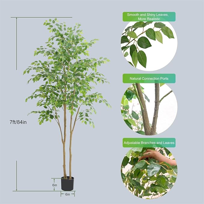 Tall UV Resistant Ficus Tree Artificial，7ft(84in) Realistic Texture Potted Faux Ficus Tree， Fake Trees Indoor Outdoor for Home Office Living Room Bedroom Foyer Porch Decor.